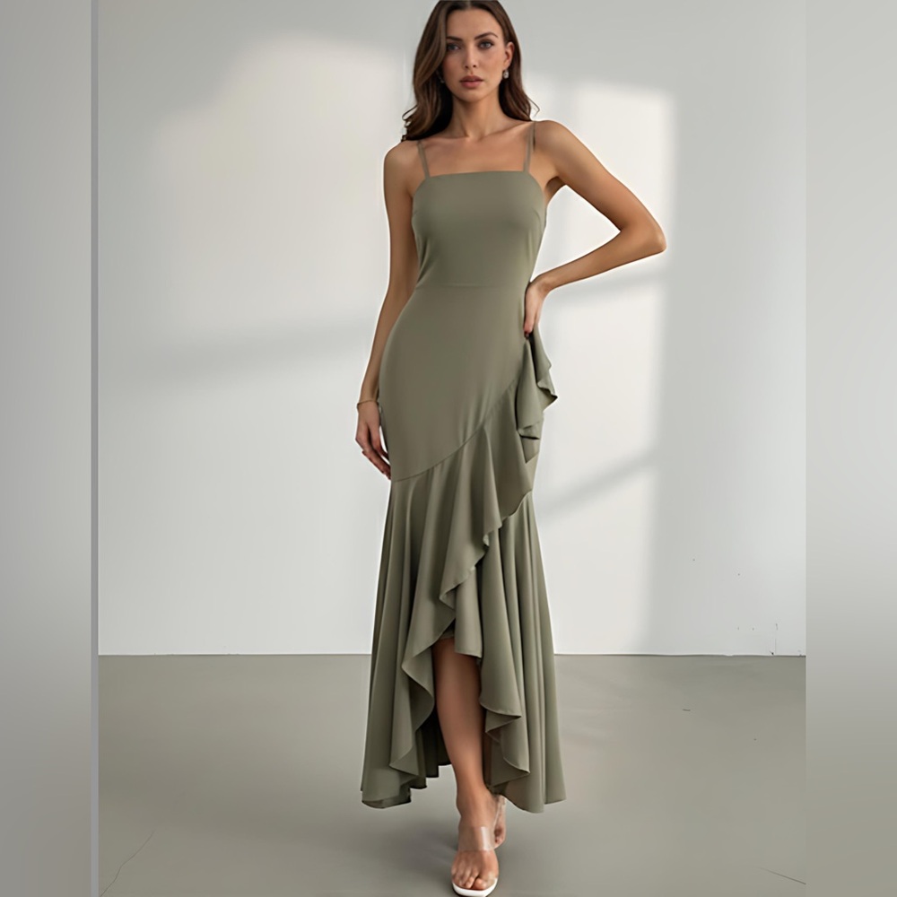 Asymmetrical Hem Ruffle Trim Spaghetti Strap Dress Green - Picture 6 of 14
